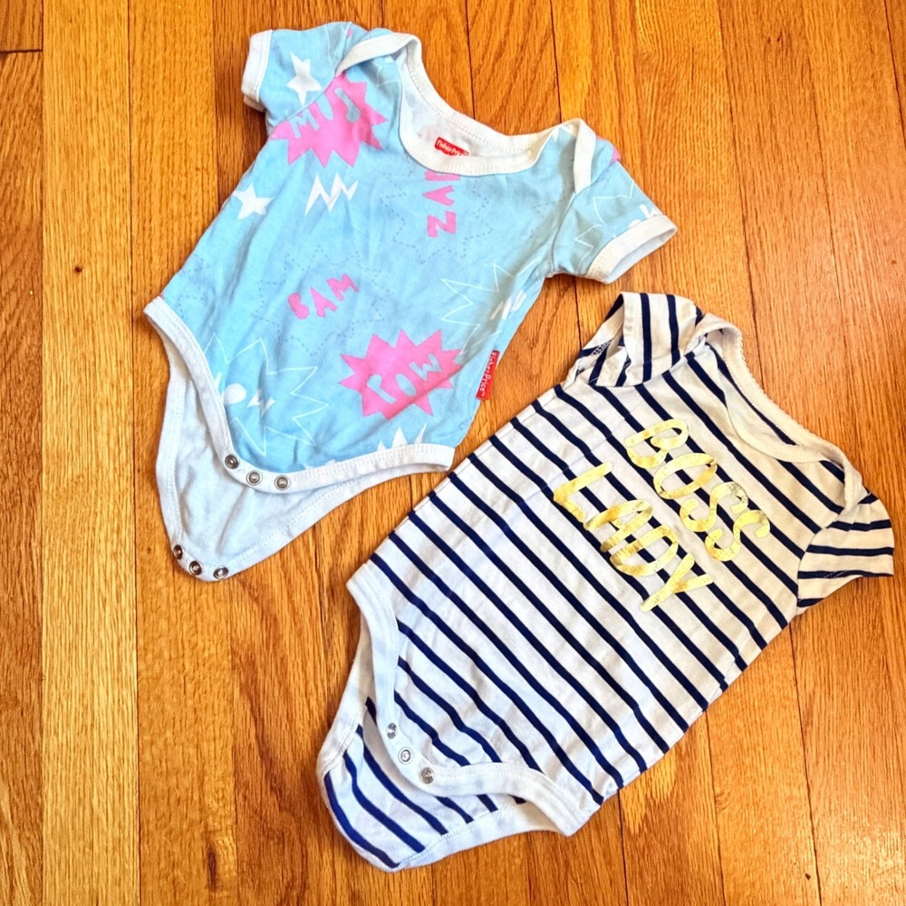 Fisher-Price Cat & Jack Baby Bodysuit‎ Bundle 0-3M Blue Comic Striped Boss Lady